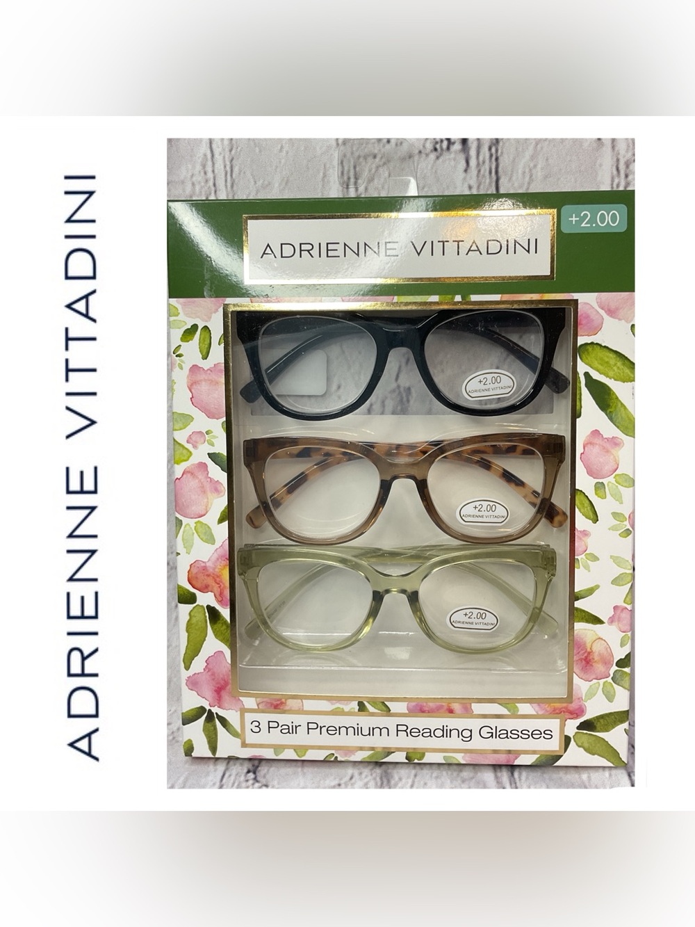 Adrienne Vittadini Three-Pack Reading Glasses — Black, Tortoise, Moss